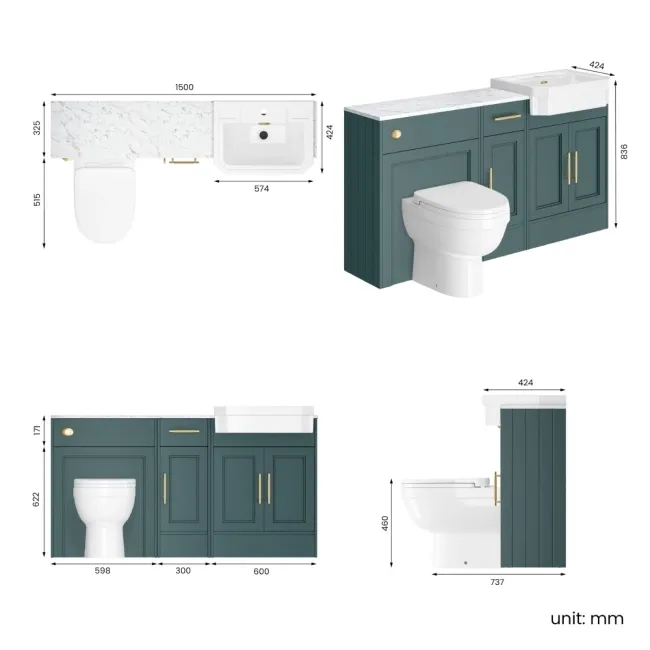 Monaco Midnight Green Combination Vanity Traditional Basin with Marble Top and Seattle Toilet 1500mm - Brass Knurled Handles