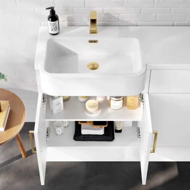 Harper Gloss White Combination Vanity Basin and Tucson Toilet 1200mm - Brushed Brass Accents - Left Handed