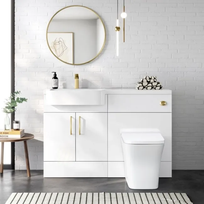 Harper Gloss White Combination Vanity Basin and Houston Toilet 1200mm - Brushed Brass Accents - Left Handed