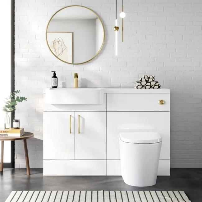 Harper Gloss White Combination Vanity Basin and Boston Toilet 1200mm - Brushed Brass Accents - Left Handed