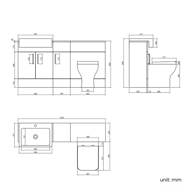Harper Gloss White Combination Vanity Basin and Houston Toilet 1500mm - Brushed Brass Accents