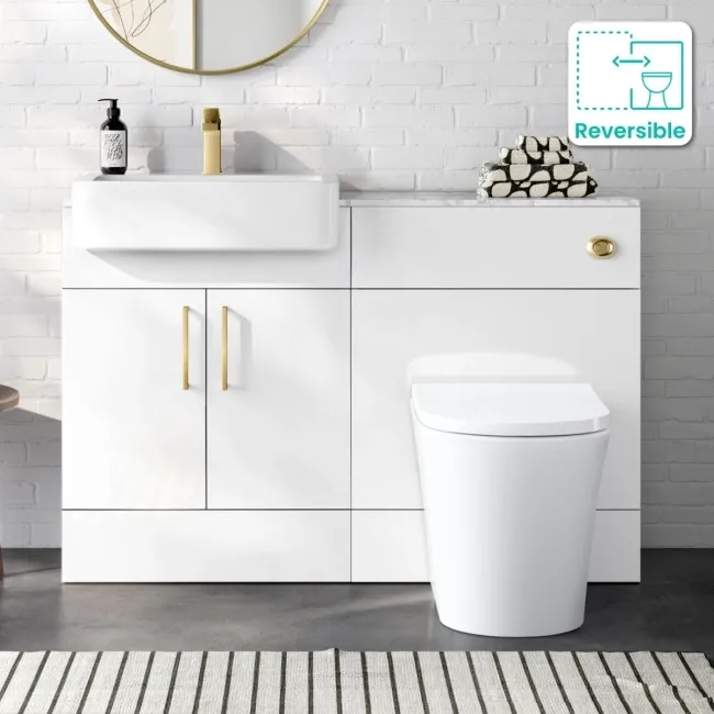 Harper Gloss White Combination Vanity Basin with Marble Top & Tucson Toilet 1200mm - Brushed Brass Accents