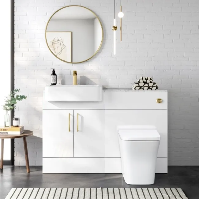 Harper Gloss White Combination Vanity Basin with Marble Top & Houston Toilet 1200mm - Brushed Brass Accents