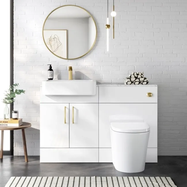 Harper Gloss White Combination Vanity Basin with Marble Top & Boston Toilet 1200mm - Brushed Brass Accents