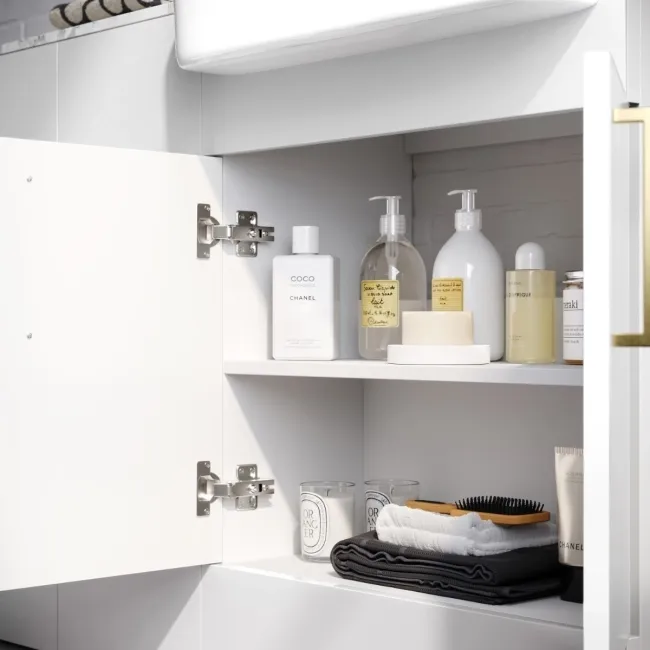 Harper Gloss White Combination Vanity Basin with Marble Top & Tucson Toilet 1500mm - Brushed Brass Accents