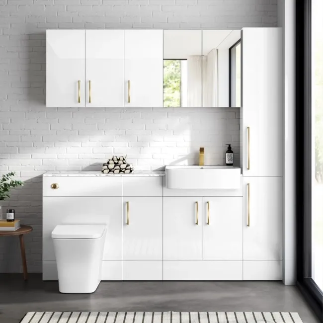 Harper Gloss White Combination Vanity Basin with Marble Top & Houston Toilet 1500mm - Brushed Brass Accents