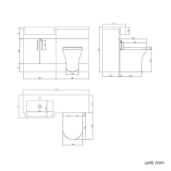 Harper Stone Grey Combination Vanity Basin and Tucson Toilet 1200mm - Brushed Brass Accents - Left Handed
