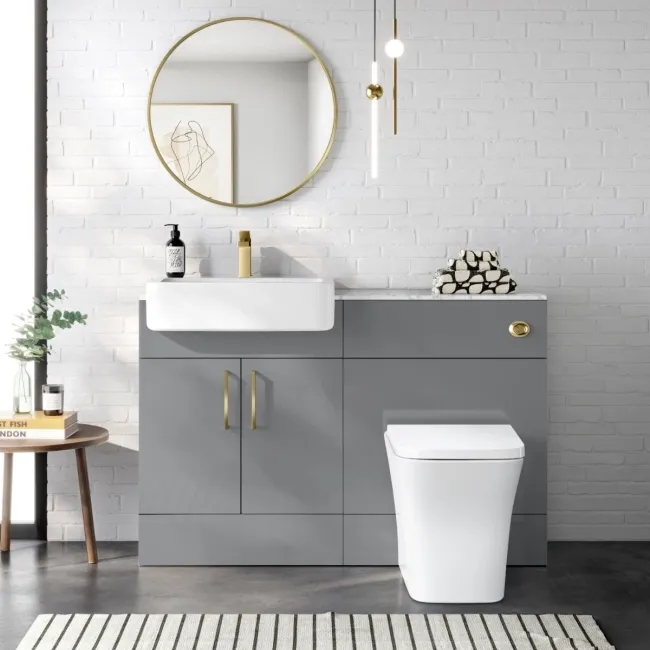 Harper Stone Grey Combination Vanity Basin with Marble Top & Houston Toilet 1200mm - Brushed Brass Accents