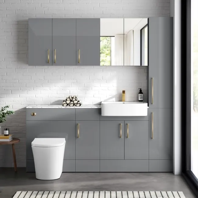 Harper Stone Grey Combination Vanity Basin with Marble Top & Tucson Toilet 1500mm - Brushed Brass Accents