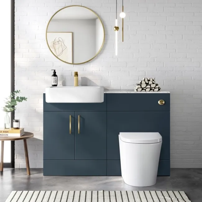 Harper Navy Blue Combination Vanity Basin with Marble Top & Boston Toilet 1200mm - Brushed Brass Accents