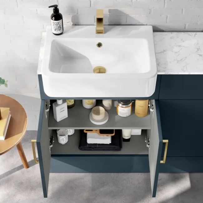 Harper Navy Blue Combination Vanity Basin with Marble Top & Boston Toilet 1200mm - Brushed Brass Accents