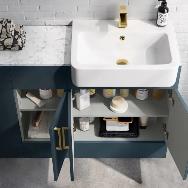 Harper Navy Blue Combination Vanity Basin with Marble Top & Boston Toilet 1500mm - Brushed Brass Accents