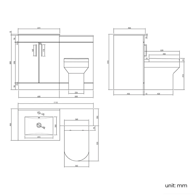 Mersey Gloss White Combination Vanity Basin and Miami Toilet 1100mm - Black Accents