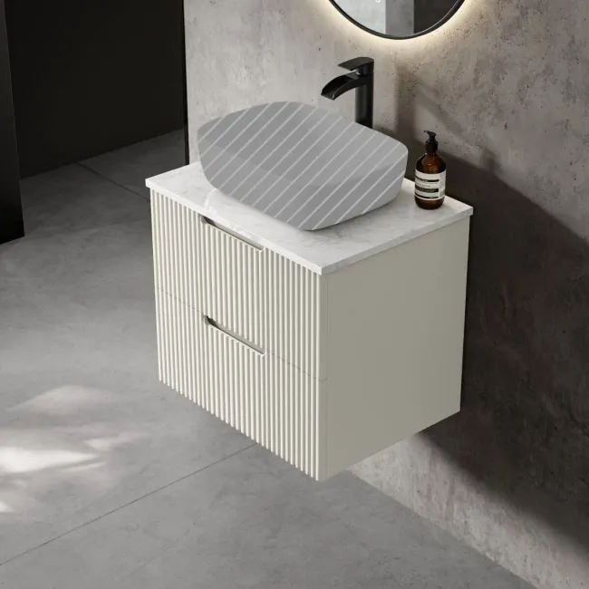 Crete Fluted Linen White Wall Hung Drawer Vanity with Marble Top 600mm - Excludes Counter Top Basin