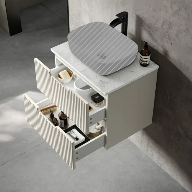 Crete Fluted Linen White Wall Hung Drawer Vanity with Marble Top 600mm - Excludes Counter Top Basin