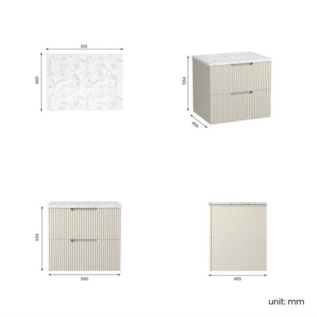 Crete Fluted Linen White Wall Hung Drawer Vanity with Marble Top 600mm - Excludes Counter Top Basin