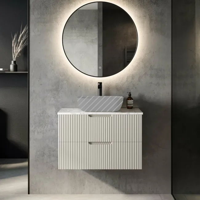 Crete Fluted Linen White Wall Hung Drawer Vanity with Marble Top 800mm - Excludes Counter Top Basin