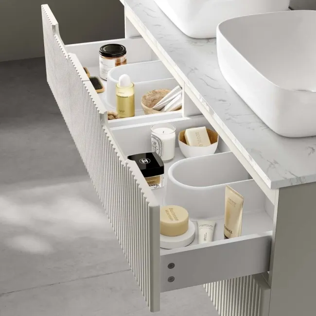 Crete Fluted Linen White Double Wall Hung Drawer Vanity with Marble Top & Curved Basin 1200mm