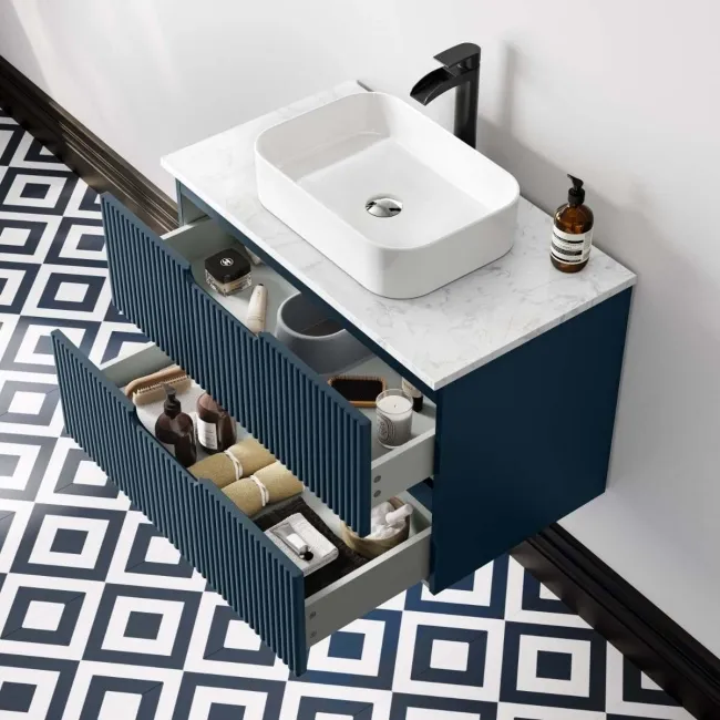 Crete Fluted Navy Blue Wall Hung Drawer Vanity with Marble Top & Marin Basin 800mm