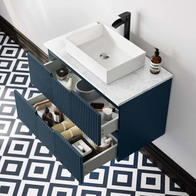 Crete Fluted Navy Blue Wall Hung Drawer Vanity with Marble Top & Cody Basin 800mm