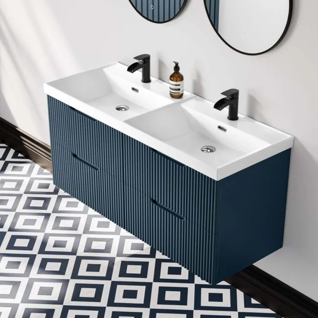 Crete Fluted Navy Blue Wall Hung Double Basin Drawer Vanity 1200mm