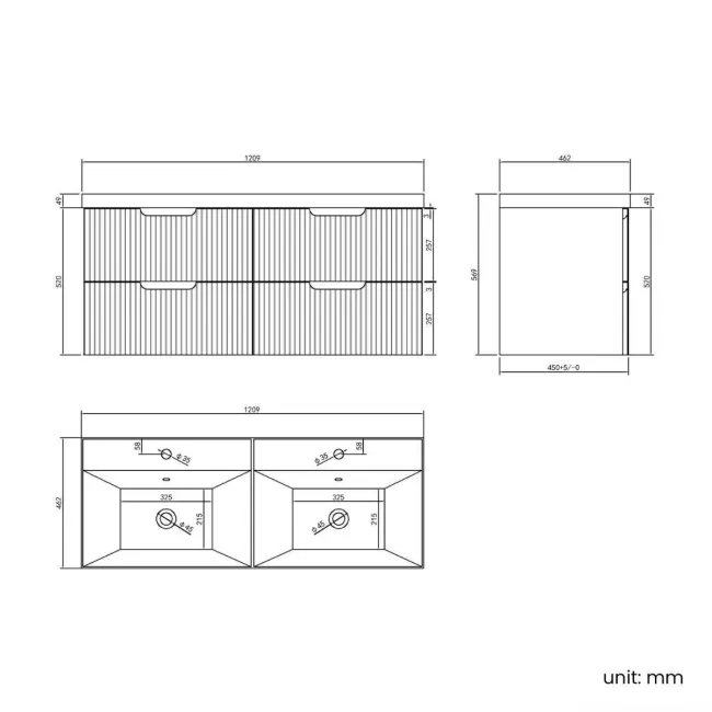 Crete Fluted Navy Blue Wall Hung Double Basin Drawer Vanity 1200mm