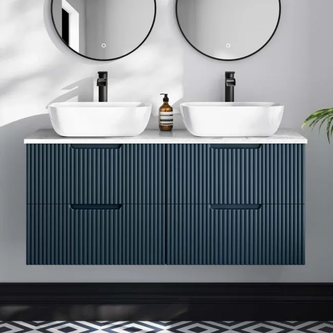 Crete Fluted Navy Blue Double Wall Hung Drawer Vanity with Marble Top & Curved Basin 1200mm