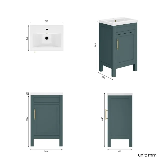 Bermuda Midnight Green Basin Vanity 500mm - Brass Knurled Handles