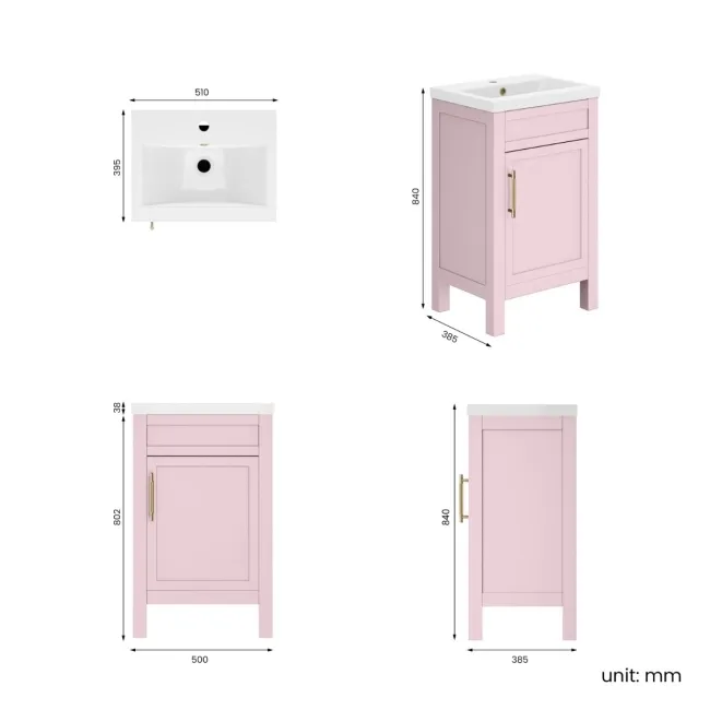 Bermuda Cashmere Pink Basin Vanity 500mm - Brass Knurled Handles