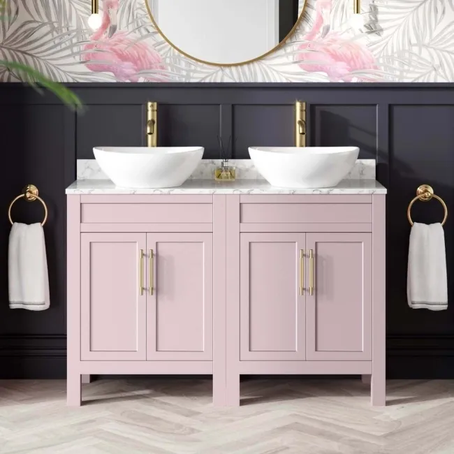 Bermuda Cashmere Pink Vanity with Marble Top & Oval Counter Top Basin 1200mm - Brass Knurled Handles