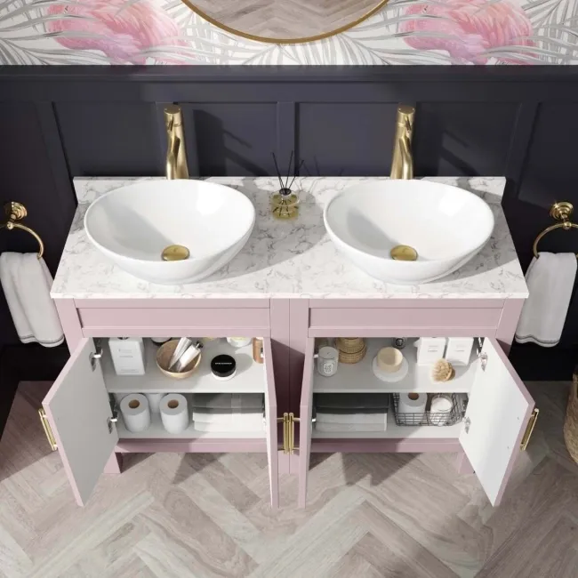 Bermuda Cashmere Pink Vanity with Marble Top & Oval Counter Top Basin 1200mm - Brass Knurled Handles