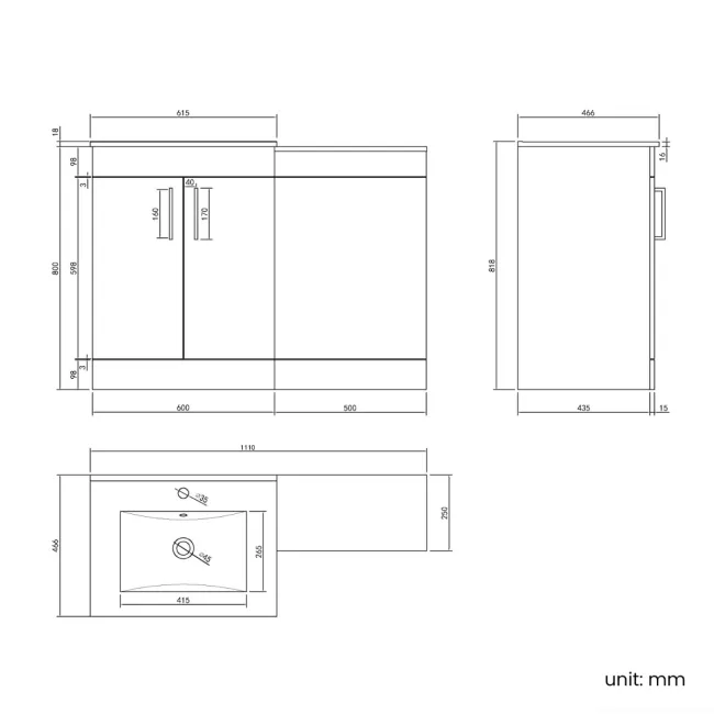 Mersey Gloss White Basin Vanity and Back To Wall Unit 1100mm (Excludes Toilet) - Black Accents