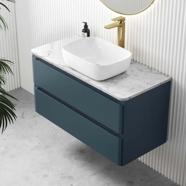 Corsica Inky Blue Vanity Drawer with Marble Top & Curved Counter Top Basin 1000mm