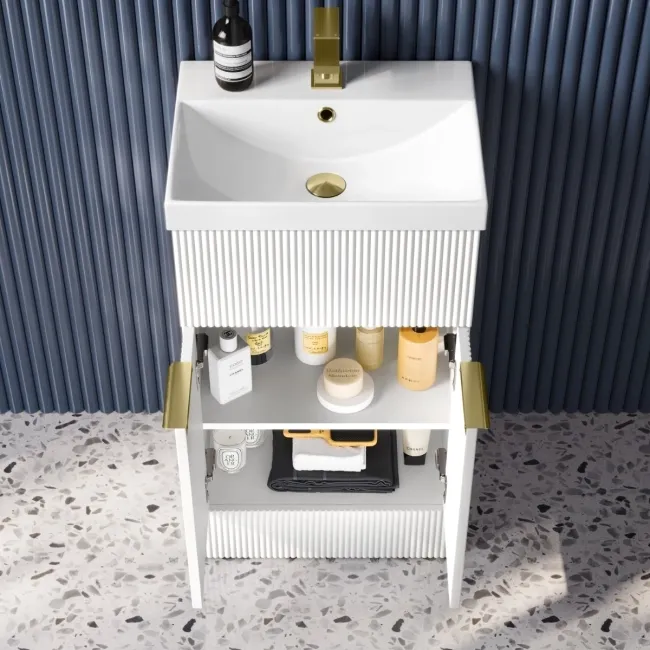 Havana Fluted Coastal White Combination Vanity Basin and Aruba Toilet 1000mm - Brushed Brass Accents