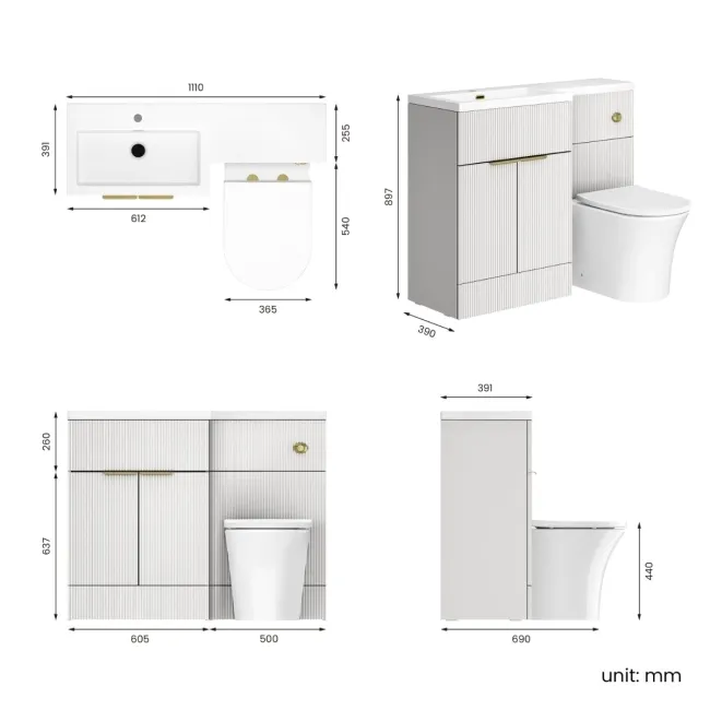 Havana Fluted Coastal White Combination Vanity Basin and Tucson Toilet 1100mm - Brushed Brass Accents - Left Handed