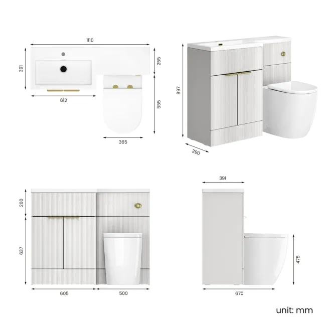 Havana Fluted Coastal White Combination Vanity Basin and Utah Comfort Height Toilet 1100mm - Brushed Brass Accents - Left Handed