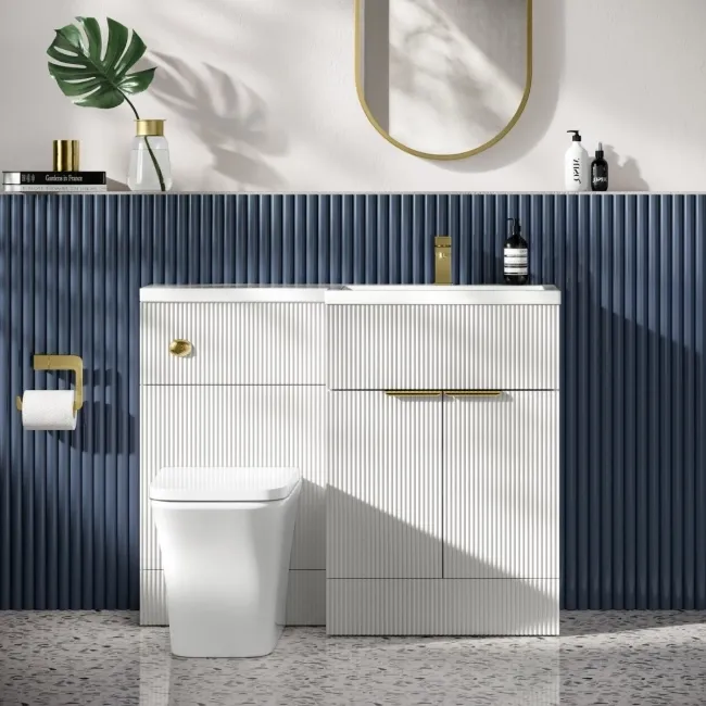 Havana Fluted Coastal White Combination Vanity Basin and Houston Toilet 1100mm - Brushed Brass Accents - Right Handed