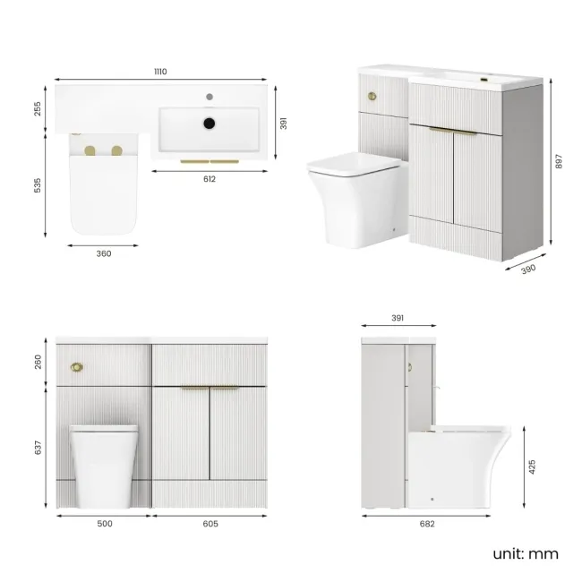 Havana Fluted Coastal White Combination Vanity Basin and Houston Toilet 1100mm - Brushed Brass Accents - Right Handed