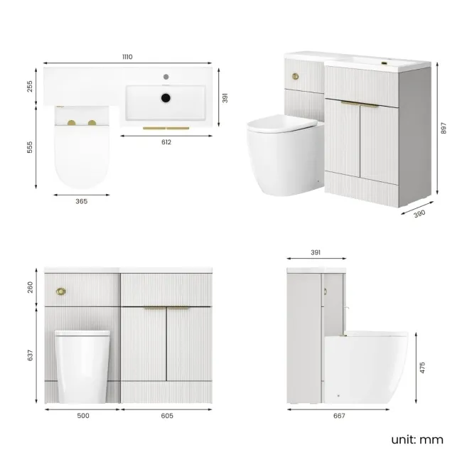 Havana Fluted Coastal White Combination Vanity Basin and Utah Comfort Height Toilet 1100mm - Brushed Brass Accents - Right Handed