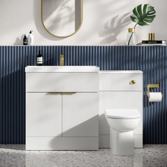 Havana Fluted Coastal White Combination Vanity Basin and Aruba Toilet 1300mm - Brushed Brass Accents