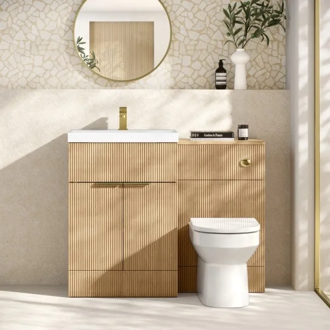 Havana Fluted Country Oak Combination Vanity Basin and Miami Toilet 1100mm - Brushed Brass Accents