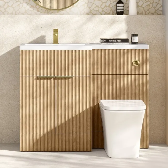 Havana Fluted Country Oak Combination Vanity Basin and Houston Toilet 1100mm - Brushed Brass Accents - Left Handed