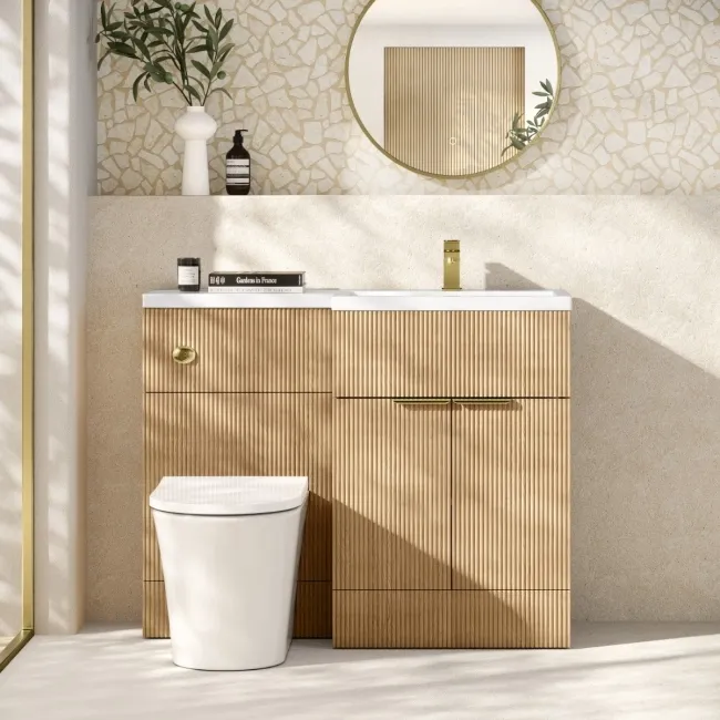Havana Fluted Country Oak Combination Vanity Basin and Tucson Toilet 1100mm - Brushed Brass Accents - Right Handed