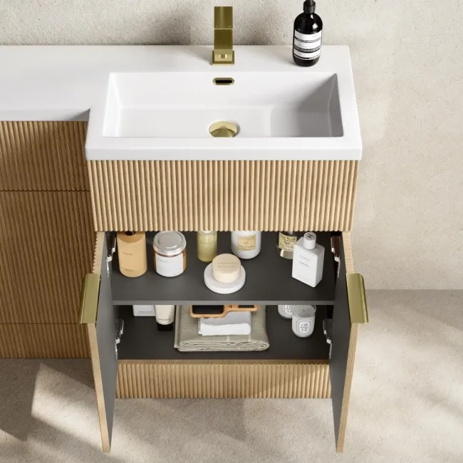 Havana Fluted Country Oak Combination Vanity Basin and Tucson Toilet 1100mm - Brushed Brass Accents - Right Handed