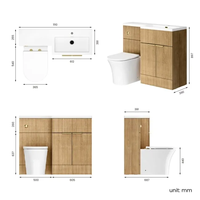 Havana Fluted Country Oak Combination Vanity Basin and Tucson Toilet 1100mm - Brushed Brass Accents - Right Handed