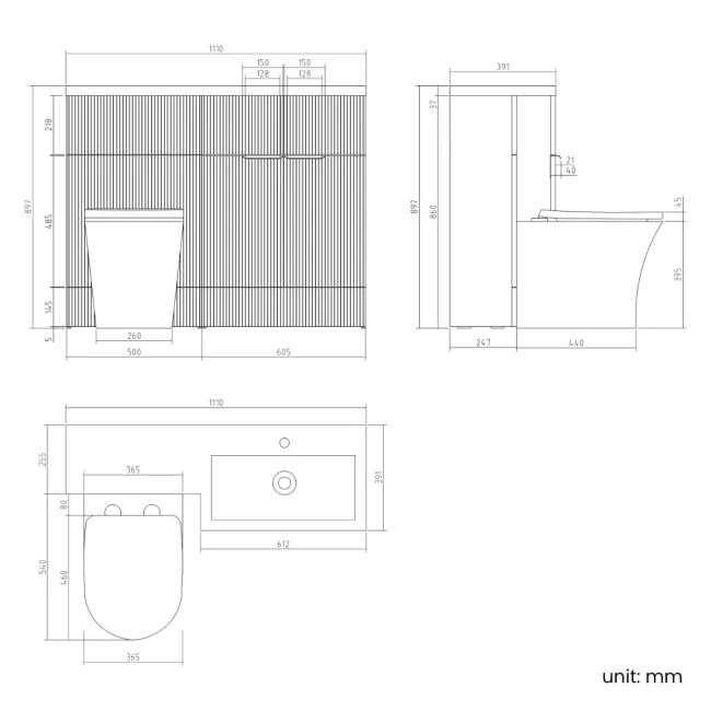 Havana Fluted Country Oak Combination Vanity Basin and Tucson Toilet 1100mm - Brushed Brass Accents - Right Handed