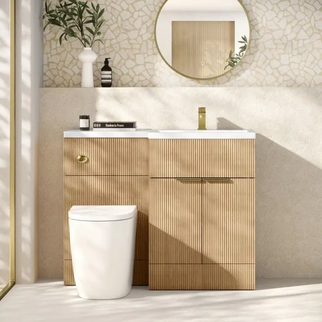 Havana Fluted Country Oak Combination Vanity Basin and Utah Comfort Height Toilet 1100mm - Brushed Brass Accents - Right Handed
