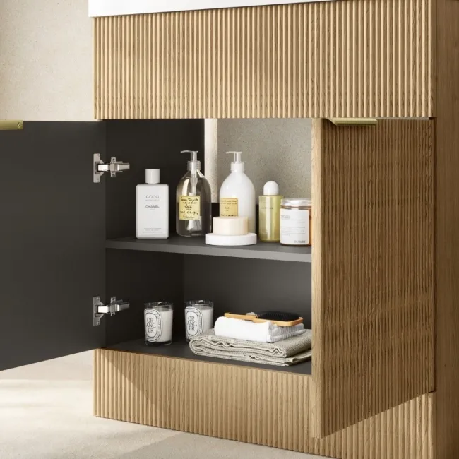 Havana Fluted Country Oak Combination Vanity Basin and Miami Toilet 1300mm - Brushed Brass Accents