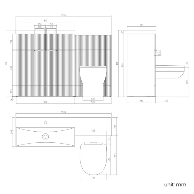 Havana Fluted Country Oak Combination Vanity Basin and Miami Toilet 1300mm - Brushed Brass Accents