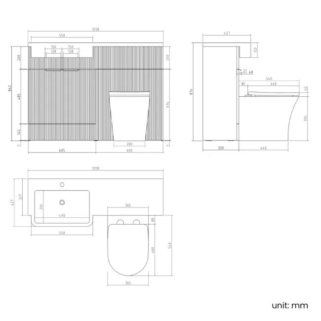 Sicily Fluted Country Oak Combination Vanity Basin and Tucson Toilet 1200mm - Brushed Brass Accents - Left Handed
